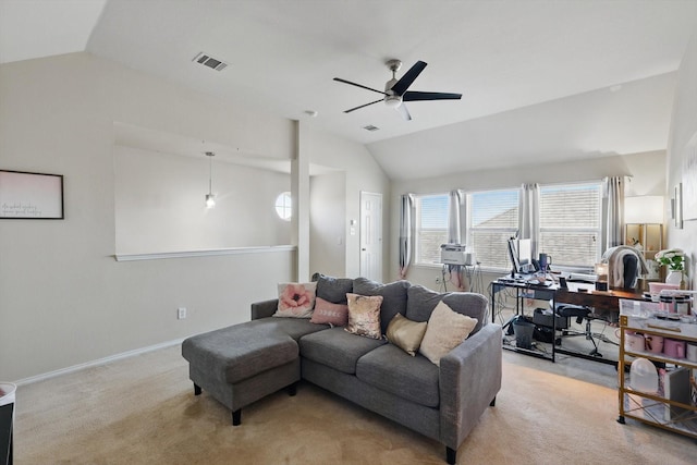 living room featuring visible vents, light carpet, ceiling fan, and vaulted ceiling