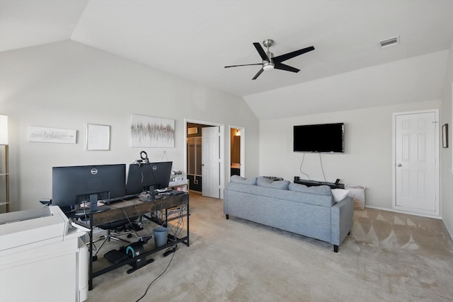 living room featuring visible vents, light colored carpet, a ceiling fan, and vaulted ceiling