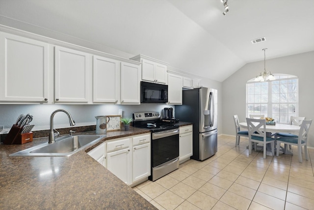 kitchen featuring dark countertops, visible vents, appliances with stainless steel finishes, white cabinetry, and a sink