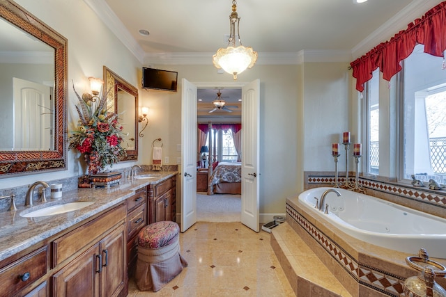 ensuite bathroom with a sink, a whirlpool tub, double vanity, ensuite bath, and crown molding