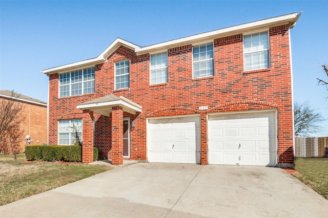 view of front of home with an attached garage, fence, concrete driveway, and brick siding