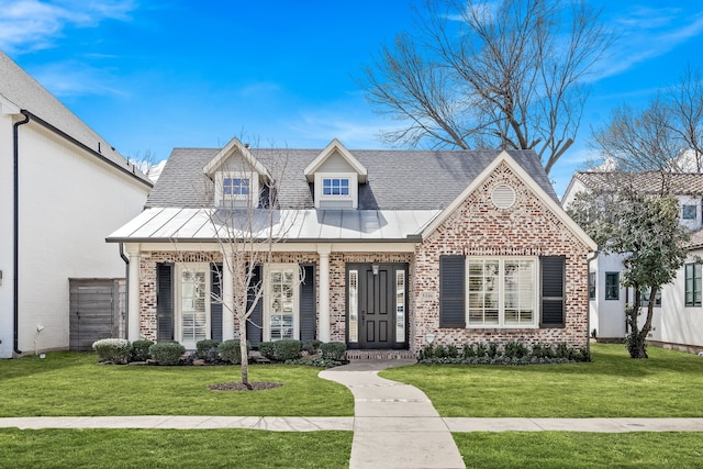 view of front of property featuring a standing seam roof, a front lawn, and brick siding