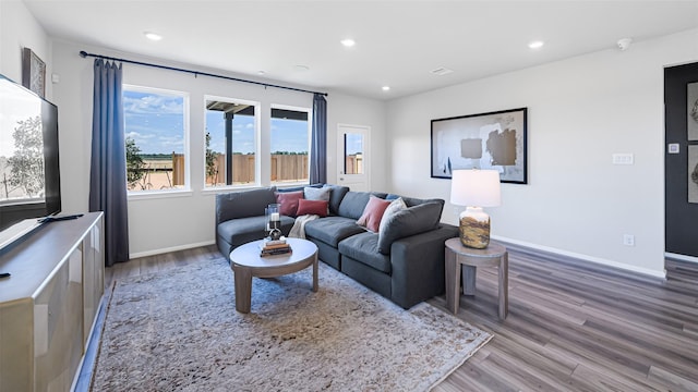 living area featuring baseboards, wood finished floors, and recessed lighting