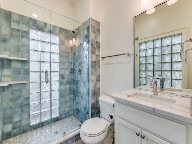 bathroom featuring toilet, a stall shower, and vanity