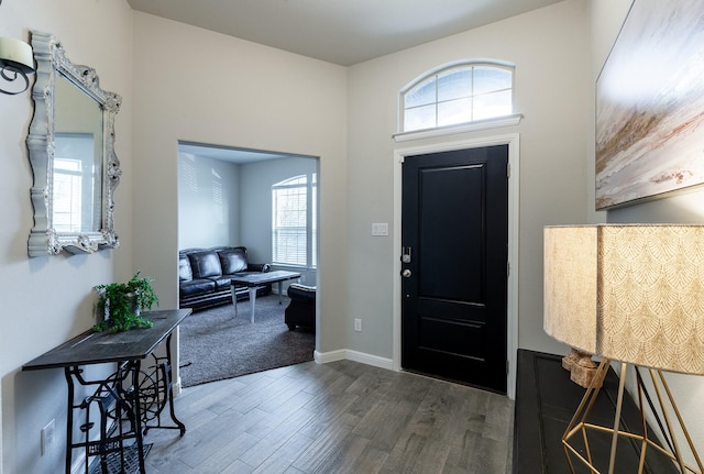 entrance foyer with baseboards and wood finished floors