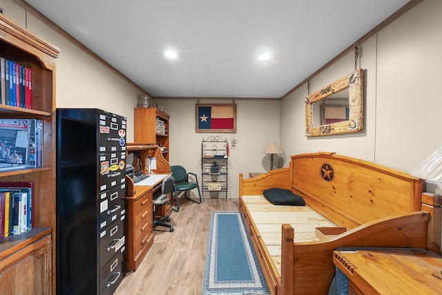 home office with recessed lighting, light wood-style flooring, and crown molding