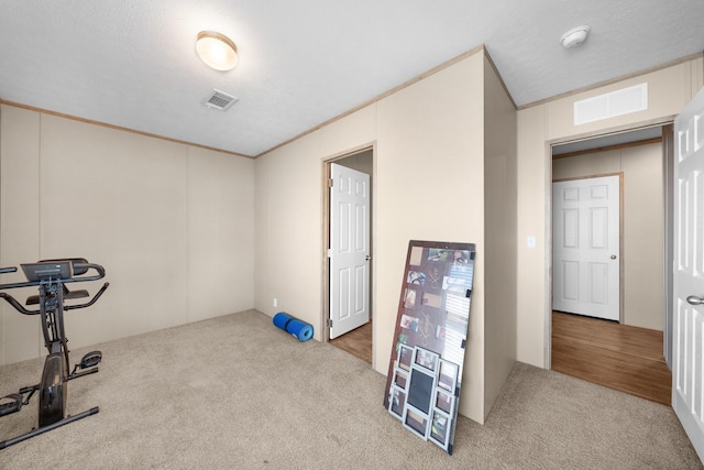 exercise room featuring carpet and visible vents