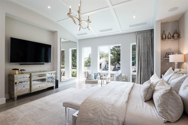 bedroom featuring recessed lighting, coffered ceiling, wood finished floors, vaulted ceiling, and an inviting chandelier