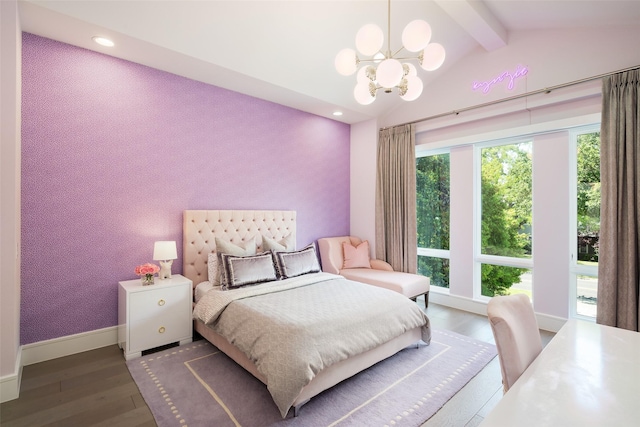 bedroom with lofted ceiling with beams, an accent wall, wood finished floors, baseboards, and wallpapered walls