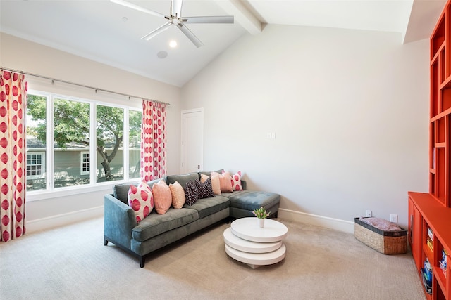 carpeted living area featuring high vaulted ceiling, baseboards, and beam ceiling