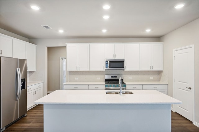 kitchen featuring dark wood-style floors, stainless steel appliances, visible vents, and white cabinets