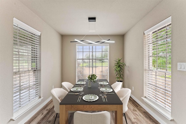 dining space featuring an inviting chandelier, plenty of natural light, baseboards, and wood finished floors