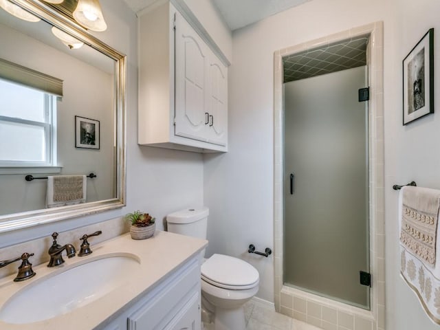 bathroom featuring tile patterned flooring, a shower stall, toilet, and vanity