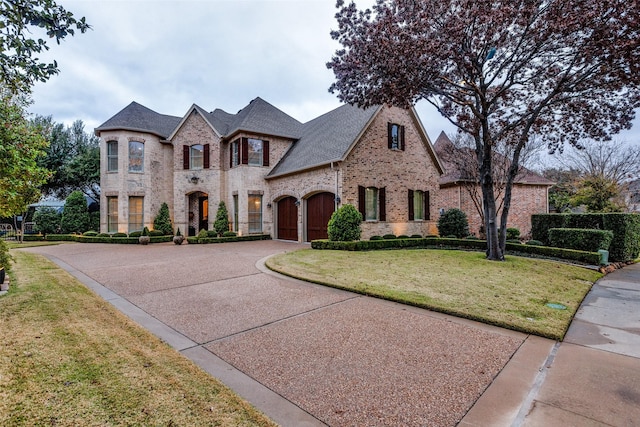 french country home featuring a garage, concrete driveway, brick siding, and a front yard