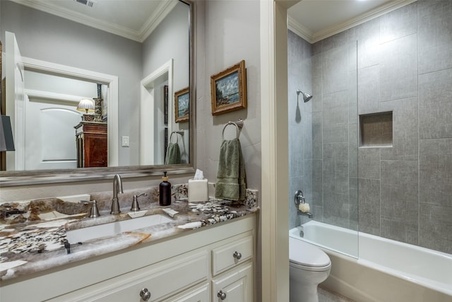 full bath with ornamental molding, tub / shower combination, vanity, and toilet