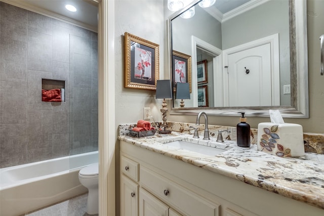 bathroom with  shower combination, crown molding, vanity, and toilet