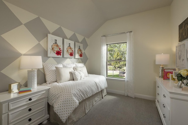 bedroom featuring lofted ceiling, light carpet, and baseboards