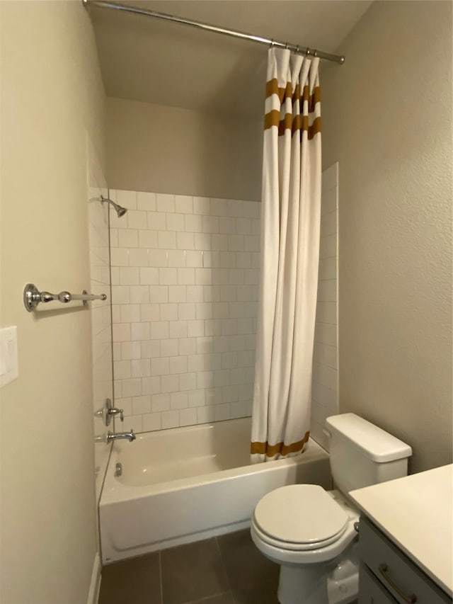 full bathroom featuring toilet, shower / tub combo, tile patterned flooring, and vanity