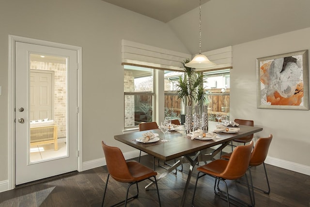 dining area with lofted ceiling, dark wood-style flooring, and baseboards