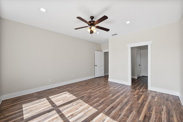 unfurnished bedroom with baseboards, visible vents, ceiling fan, wood finished floors, and recessed lighting