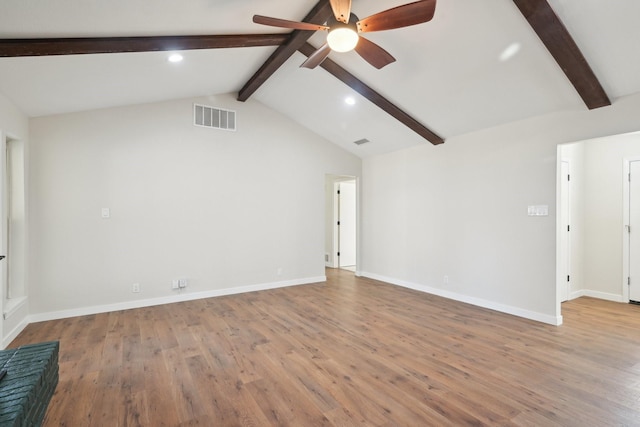 unfurnished living room with baseboards, visible vents, a ceiling fan, lofted ceiling with beams, and wood finished floors