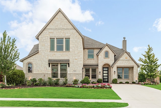 french country inspired facade featuring roof with shingles, concrete driveway, a chimney, and a front yard