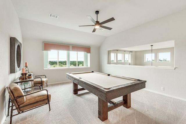 recreation room featuring carpet floors, lofted ceiling, pool table, visible vents, and baseboards