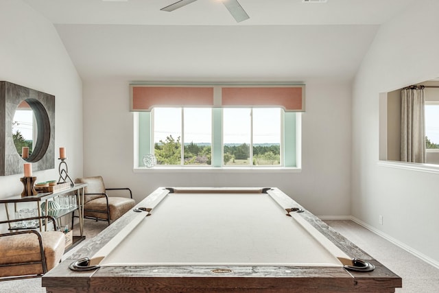 game room featuring billiards, baseboards, ceiling fan, carpet, and vaulted ceiling