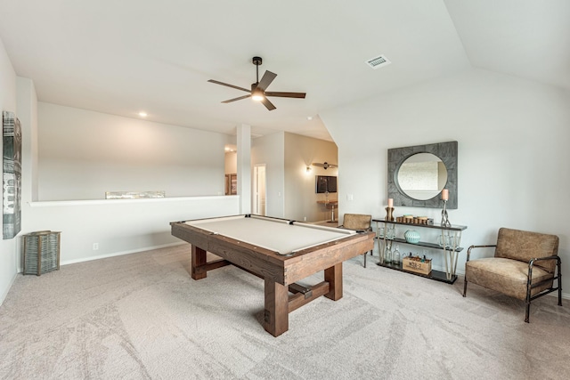 rec room with lofted ceiling, carpet floors, pool table, visible vents, and a ceiling fan