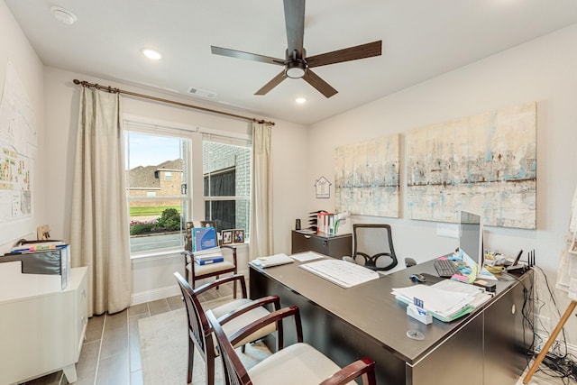 home office with ceiling fan, baseboards, visible vents, and recessed lighting