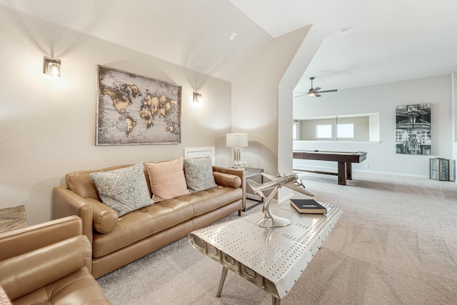 carpeted living area featuring vaulted ceiling, pool table, ceiling fan, and baseboards