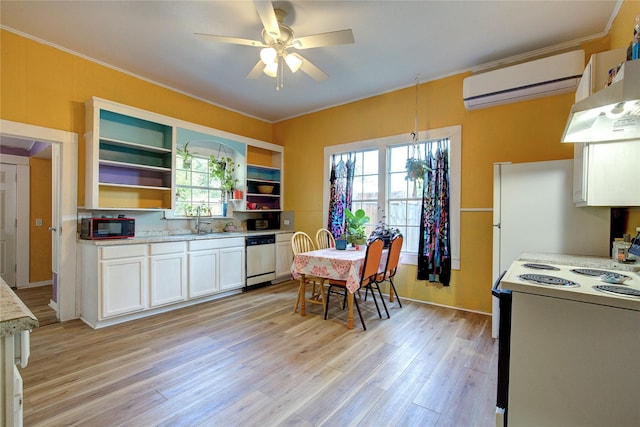 kitchen with white electric stove, open shelves, stainless steel dishwasher, an AC wall unit, and black microwave