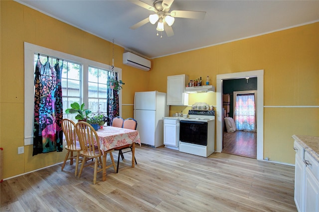 dining room featuring light wood-style floors, ceiling fan, crown molding, and an AC wall unit