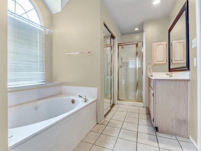 bathroom featuring a bath, tile patterned flooring, a stall shower, vanity, and recessed lighting
