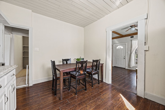 dining space featuring dark wood-style floors, wooden ceiling, baseboards, and a ceiling fan