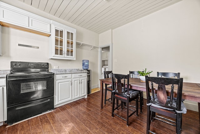 kitchen featuring black / electric stove, wooden ceiling, dark wood finished floors, and white cabinets