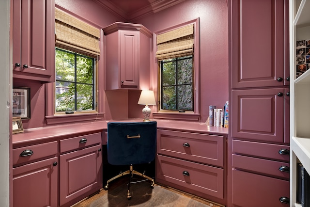 home office with wood finished floors, crown molding, and built in study area