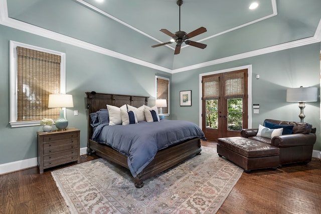 bedroom featuring baseboards, ceiling fan, wood finished floors, crown molding, and french doors