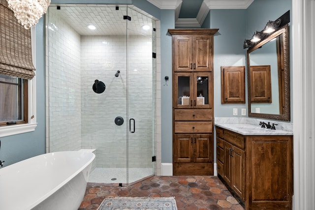 full bath featuring ornamental molding, a stall shower, a soaking tub, and vanity