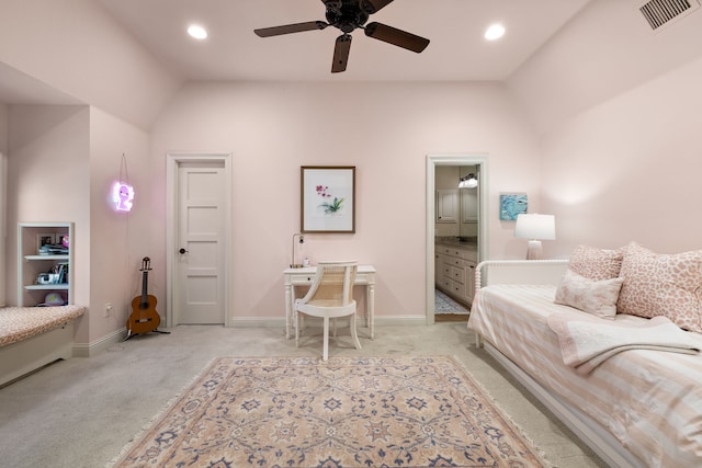 bedroom featuring recessed lighting, carpet flooring, visible vents, baseboards, and vaulted ceiling