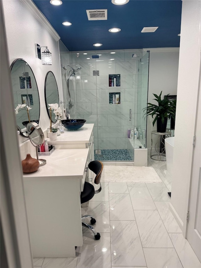 bathroom featuring marble finish floor and ornamental molding