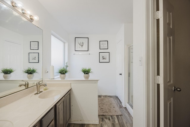 bathroom featuring a shower stall, wood finished floors, and vanity