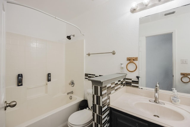 bathroom with toilet, shower / bathtub combination, visible vents, and vanity