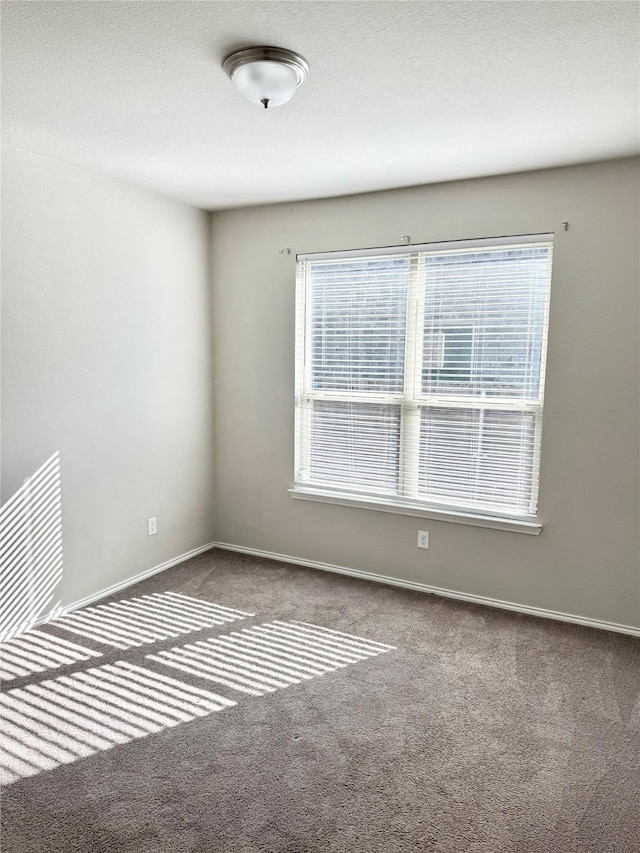 carpeted spare room with a textured ceiling and baseboards