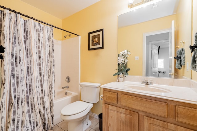 full bath featuring vanity, tile patterned flooring, toilet, and shower / tub combo with curtain