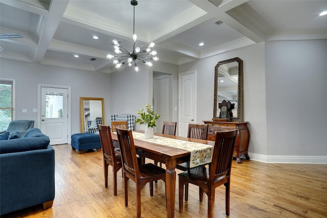 dining room with beam ceiling, light wood-style floors, a chandelier, coffered ceiling, and baseboards