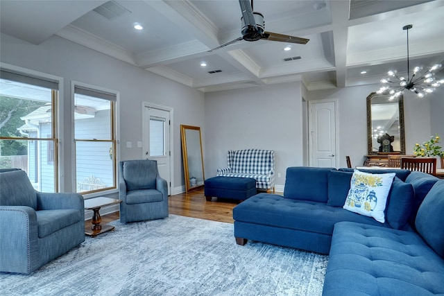 living room with coffered ceiling, beamed ceiling, and wood finished floors