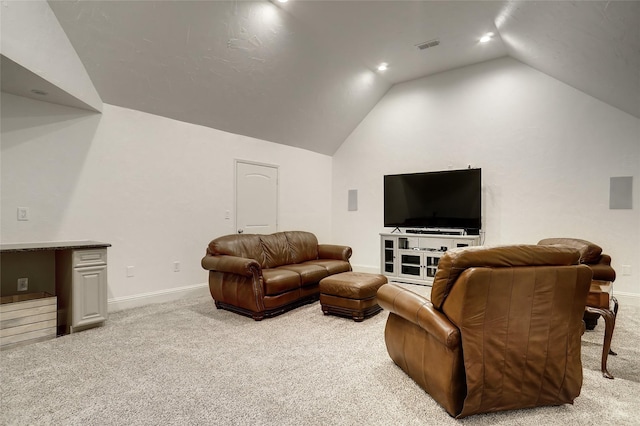 carpeted living area with recessed lighting, visible vents, vaulted ceiling, and baseboards