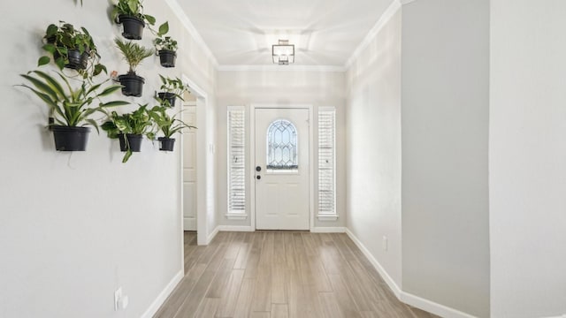 foyer entrance with wood finished floors, baseboards, and ornamental molding