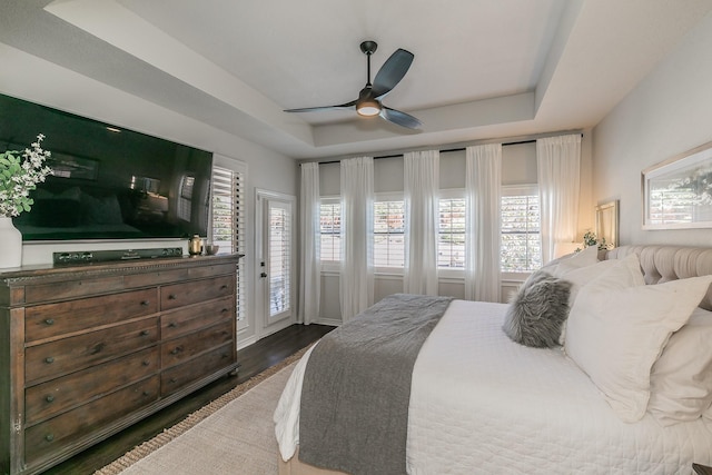 bedroom with dark wood finished floors, a raised ceiling, access to outside, and multiple windows